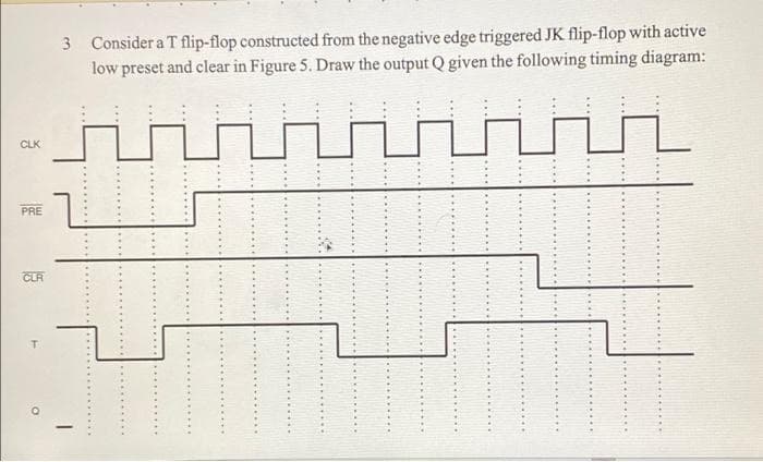 3 Consider a T flip-flop constructed from the negative edge triggered JK flip-flop with active
low preset and clear in Figure 5. Draw the output Q given the following timing diagram:
CLK
PRE
CLA
-
