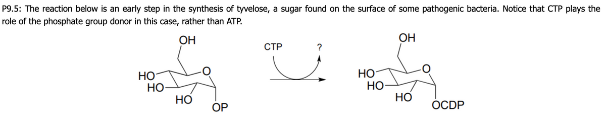 P9.5: The reaction below is an early step in the synthesis of tyvelose, a sugar found on the surface of some pathogenic bacteria. Notice that CTP plays the
role of the phosphate group donor in this case, rather than ATP.
ОН
ОН
СТР
?
НО
HO
Но
НО
Но
HO
OP
ОCDP
