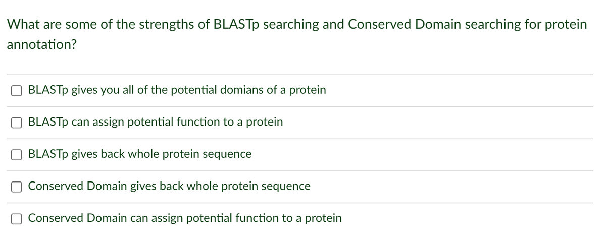 What are some of the strengths of BLASTP searching and Conserved Domain searching for protein
annotation?
BLASTP gives you all of the potential domians of a protein
BLASTP can assign potential function to a protein
BLASTP gives back whole protein sequence
Conserved Domain gives back whole protein sequence
O Conserved Domain can assign potential function to a protein

