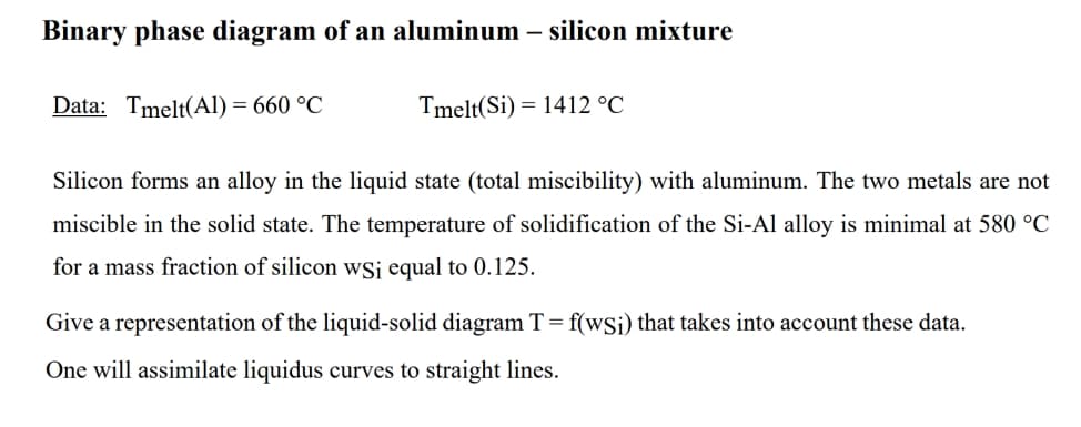 Binary phase diagram of an aluminum – silicon mixture
Data: Tmelt(Al) = 660 °C
Tmelt(Si) = 1412 °C
Silicon forms an alloy in the liquid state (total miscibility) with aluminum. The two metals are not
miscible in the solid state. The temperature of solidification of the Si-Al alloy is minimal at 580 °C
for a mass fraction of silicon wSj equal to 0.125.
Give a representation of the liquid-solid diagram T=f(wSi) that takes into account these data.
One will assimilate liquidus curves to straight lines.
