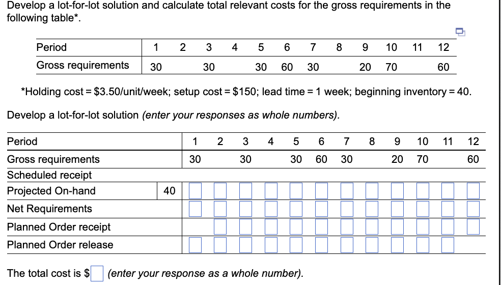 Develop a lot-for-lot solution and calculate total relevant costs for the gross requirements in the
following table*.
Period
1
Gross requirements 30
Period
Gross requirements
Scheduled receipt
Projected On-hand
Net Requirements
Planned Order receipt
Planned Order release
The total cost is $
2 3
30
40
*Holding cost = $3.50/unit/week; setup cost = $150; lead time = 1 week; beginning inventory = 40.
Develop a lot-for-lot solution (enter your responses as whole numbers).
1
30
4
2
5 6 7 8
30 60 30
3
30
4
5
6
7
30 60 30
9
20 70
(enter your response as a whole number).
10 11
8
12
60
9 10 11
20 70
12
60
