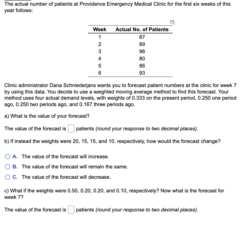 The actual number of patients at Providence Emergency Medical Clinic for the first six weeks of this
year follows:
Week Actual No. of Patients
1
87
89
96
80
86
93
The value of the forecast is
GAW N
3
4
The value of the forecast is
5
6
Clinic administrator Dana Schniederjans wants you to forecast patient numbers at the clinic for week 7
by using this data. You decide to use a weighted moving average method to find this forecast. Your
method uses four actual demand levels, with weights of 0.333 on the present period, 0.250 one period
ago, 0.250 two periods ago, and 0.167 three periods ago.
a) What is the value of your forecast?
patients (round your response to two decimal places).
b) If instead the weights were 20, 15, 15, and 10, respectively, how would the forecast change?
U
A. The value of the forecast will increase.
B. The value of the forecast will remain the same.
C. The value of the forecast will decrease.
c) What if the weights were 0.50, 0.20, 0.20, and 0.10, respectively? Now what is the forecast for
week 7?
patients (round your response to two decimal places).