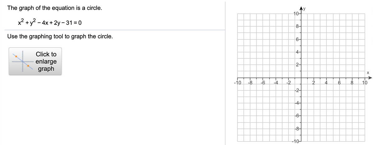 The graph of the equation is a circle.
Ay
10-
x2 + y? - 4x + 2y- 31 = 0
8-
Use the graphing tool to graph the circle.
6-
Click to
4-
enlarge
graph
2-
-10
-8
-6
-4
-2
2.
8.
10
-2-
-4-
-6-
-8-
-10–
