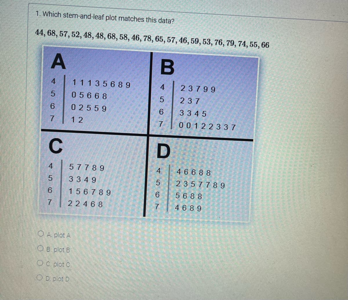 1. Which stem-and-leaf plot matches this data?
44, 68, 57, 52, 48, 48, 68, 58, 46, 78, 65, 57, 46, 59, 53, 76, 79, 74, 55, 66
A
4
5
6
7
C
4
5
6
7
11135689
05668
02559
12
57789
3349
156789
22468
O A. plot A
OB. plot B
OC. plot C
OD. plot D
B
4 23799
5
6
7
D
4
567
237
3345
00122337
46688
2357789
5688
4689