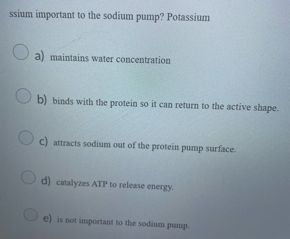 ssium important to the sodium pump? Potassium
a) maintains water concentration
b) binds with the protein so it can return to the active shape.
C) attracts sodium out of the protein pump surface.
d) catalyzes ATP to release energy.
e) is not important to the sodium pump.
