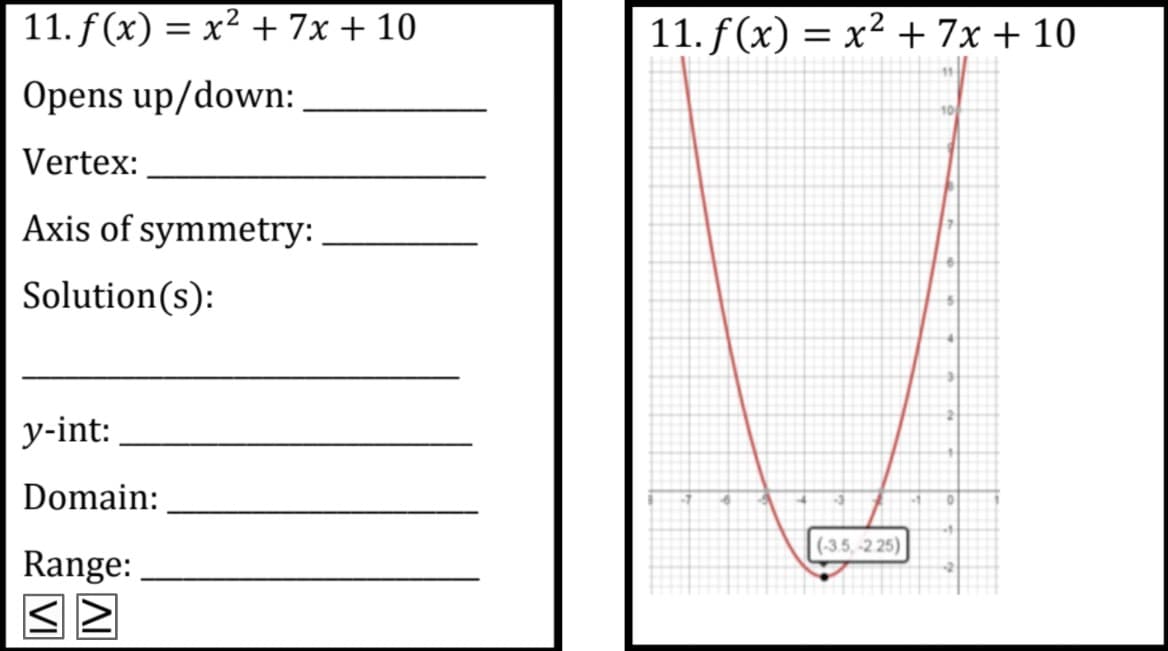 11. f (x) = x² + 7x + 10
11. f (x) = x² + 7x + 10
%3D
Opens up/down:
Vertex:
Axis of symmetry:
Solution(s):
y-int:
Domain:
(-3.5,-2 25)
Range:
VI
