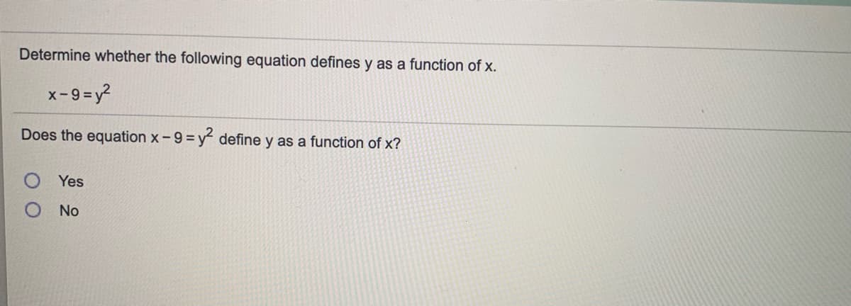 Determine whether the following equation defines y as a function of x.
x-9 =y?
Does the equation x-9=y define y as a function of x?
Yes
No
