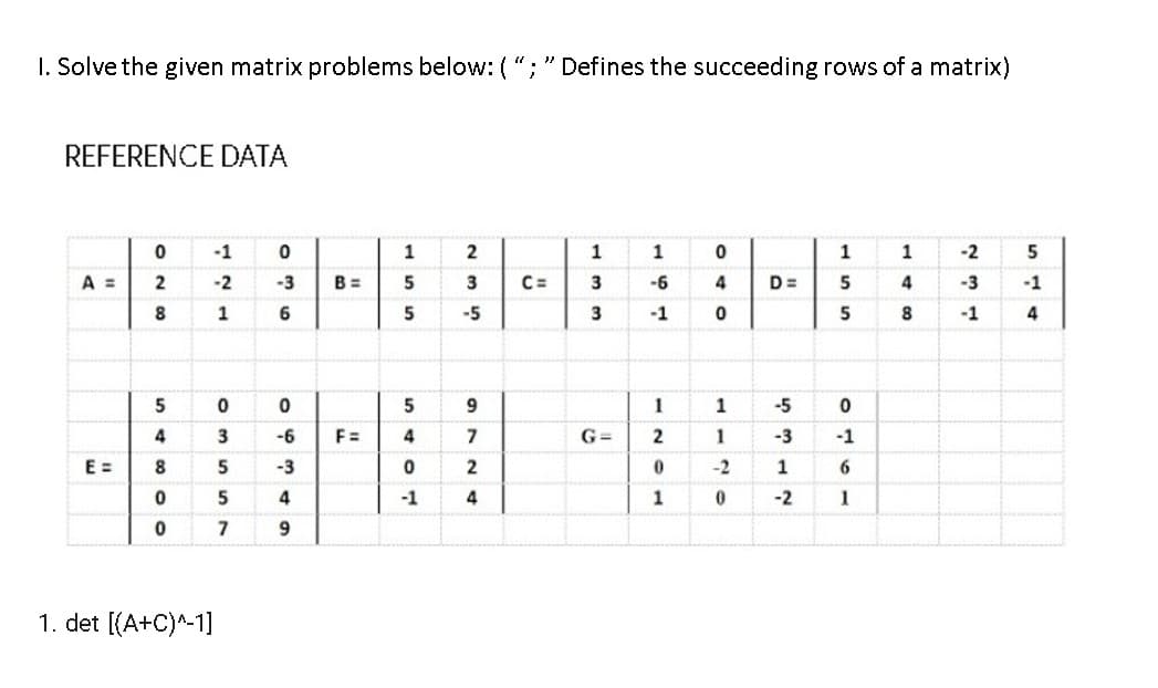 I. Solve the given matrix problems below: ( ";" Defines the succeeding rows of a matrix)
REFERENCE DATA
-1
1
2
1
1
1
1
-2
5
A =
2
-2
-3
B =
5
3
C=
3
-6
4
D =
5
4
-3
-1
1
6
5
-5
-1
5
8
-1
4
5
1
1
-5
4
3
-6
F=
4
7
G=
1
-3
-1
E =
8
5
-3
2
-2
1
6
-1
4
1
-2
1
7
1. det [(A+C)^-1]
