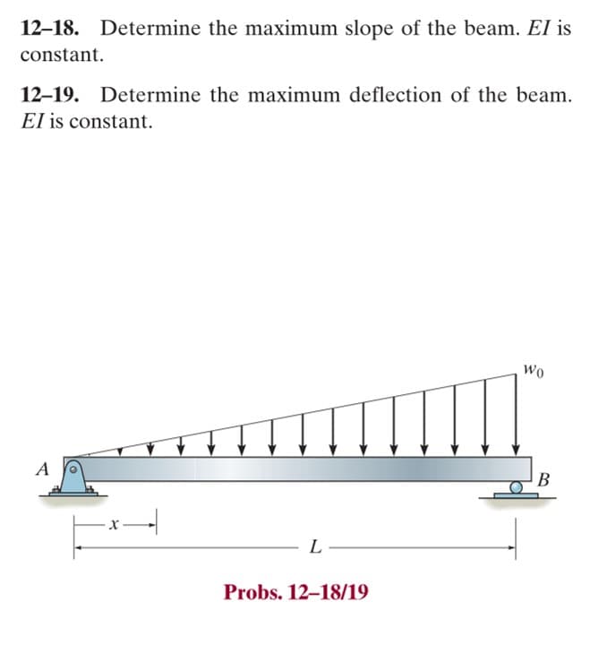12-18. Determine the maximum slope of the beam. El is
constant.
12-19. Determine the maximum deflection of the beam.
El is constant.
A
-*—
L
Probs. 12-18/19
Wo
B