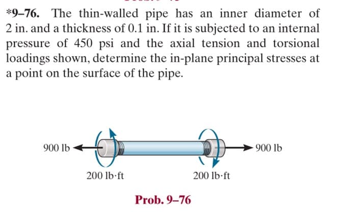 *9-76. The thin-walled pipe has an inner diameter of
2 in. and a thickness of 0.1 in. If it is subjected to an internal
pressure of 450 psi and the axial tension and torsional
loadings shown, determine the in-plane principal stresses at
a point on the surface of the pipe.
900 lb
200 lb-ft
Prob. 9-76
200 lb-ft
- 900 lb