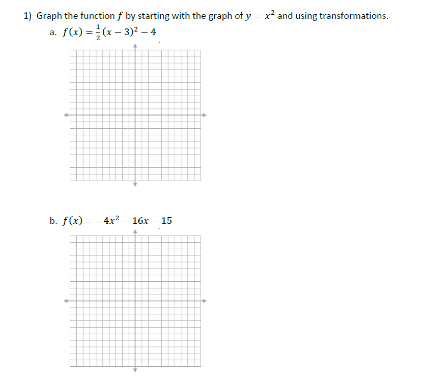 1) Graph the function f by starting with the graph of y = x² and using transformations.
f(x) =(x – 3)2 – 4
а.
