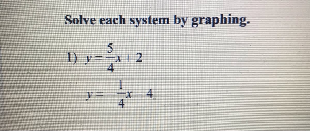 Solve each system by graphing.
1) y=-x+2
4
1
y=--x-4
4
|
