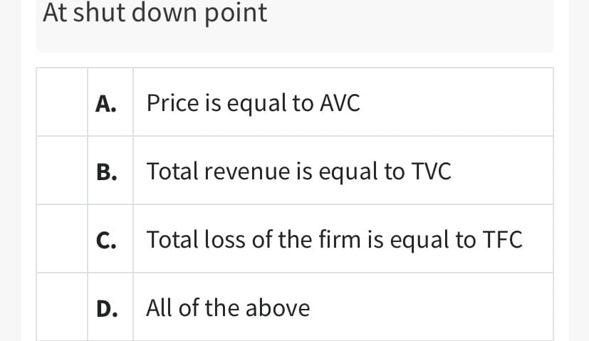 At shut down point
A. Price is equal to AVC
B. Total revenue is equal to TVC
C.
Total loss of the firm is equal to TFC
D. All of the above
