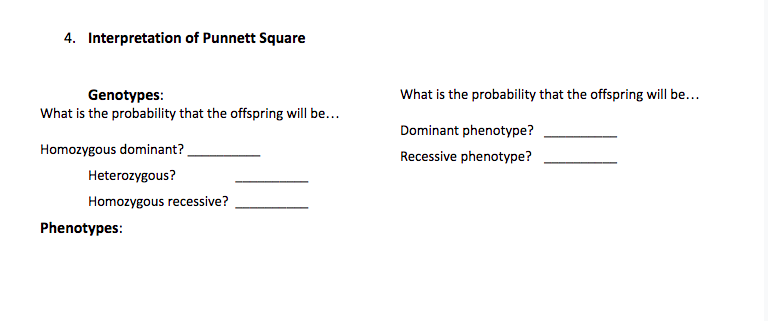 4. Interpretation of Punnett Square
Genotypes:
What is the probability that the offspring will be...
What is the probability that the offspring will be...
Dominant phenotype?
Homozygous dominant?
Recessive phenotype?
Heterozygous?
Homozygous recessive?
Phenotypes:
