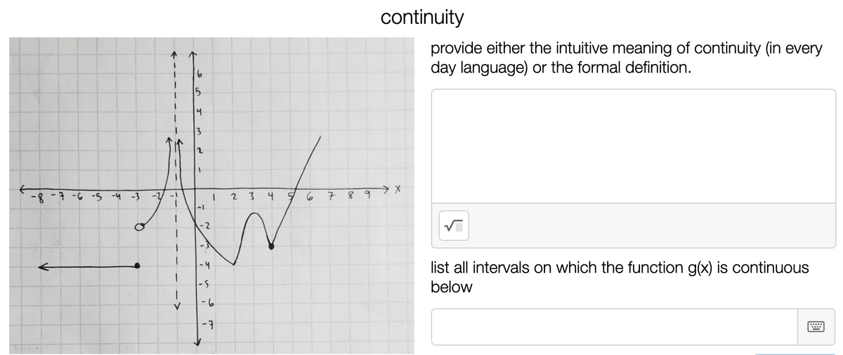 continuity
provide either the intuitive meaning of continuity (in every
day language) or the formal definition.
4
- -- -5 -4 -3
-2
2 3
89 > X
-2
-4
list all intervals on which the function g(x) is continuous
below
- 5
