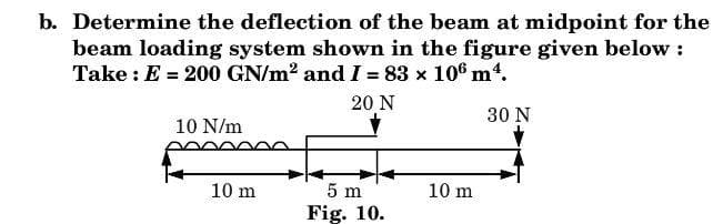 b. Determine the deflection of the beam at midpoint for the
beam loading system shown in the figure given below :
Take : E = 200 GN/m2 and I = 83 x 106 m.
20 N
30 N
10 N/m
10 m
5 m
10 m
Fig. 10.
