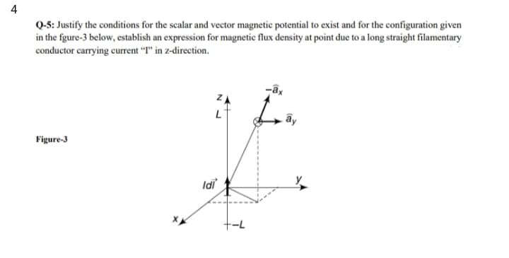 4
Q-5: Justify the conditions for the scalar and vector magnetic potential to exist and for the configuration given
in the fgure-3 below, establish an expression for magnetic flux density at point due to a long straight filamentary
conductor carrying current "T" in z-direction.
-ây
ây
Figure-3
Idi
+-L
