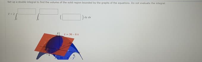 Set up a double integral to find the volume of the sold region bounded by the graphs of the equations. Do not evaluate the integral.
V- 2
dx
z = 36 -6 x
