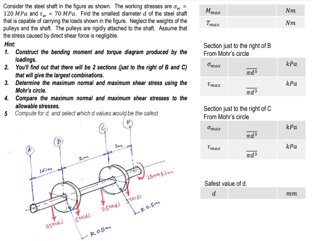 Consider the steel shaft in the figure as shown. The working stresses are ơw =
120 MPa and Tw = 70 MPa. Find the smallest diameter d of the steel shaft
that is capable of carrying the loads shown in the figure. Neglect the weights of the
pulleys and the shaft. The pulleys are rigidly attached to the shaft. Assume that
the stress caused by direct shear force is negligible.
Mтаx
Nm
Tmax
Nm
Hint:
Section just to the right of B
From Mohr's circle
1.
Construct the bending moment and torque diagram produced by the
loadings.
2.
You'll find out that there will be 2 sections (just to the right of B and C)
that will give the largest combinations.
3.
Отах
kPa
πd3
Determine the maximum normal and maximum shear stress using the
Mohr's circle.
Ттах
kPa
4. Compare the maximum normal and maximum shear stresses to the
паз
allowable stresses.
5 Compute for d, and select which d values would be the safest.
Section just to the right of C
From Mohr's circle
Отах
kPa
nd³
Ттах
kPa
nd³
2500NM'
Safest value of d.
d
тт
2500 fo
LR o.Sm
50ON
3500
L-ROsm
