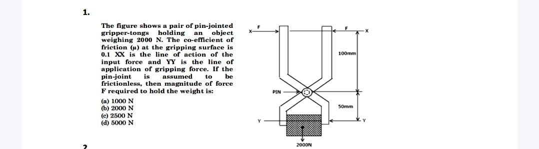 1.
The figure shows a pair of pin-jointed
gripper-tongs holding an object
weighing 2000 N. The co-efficient of
friction (u) at the gripping surface is
0.1 XX is the line of action of the
input force and YY is the line of
application of gripping force. If the
pin-joint is assumed to be
frictionless, then magnitude of force
Frequired to hold the weight is:
(a) 1000 N
(b) 2000 N
(c) 2500 N
(d) 5000 N
PIN
O
2000N
100mm
50mm