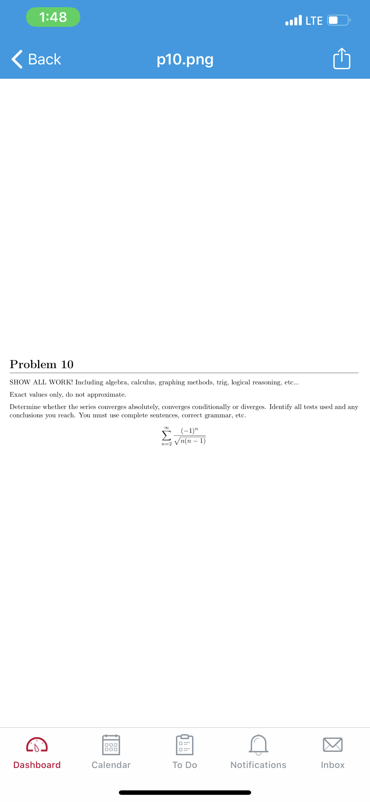 Determine whether the series converges absolutely, converges conditionally or diverges. Identify all tests used and any
conclusions you reach. You must use complete sentences, correct grammar, etc.
(-1)"
Σ
Vn(n – 1)
n=2
