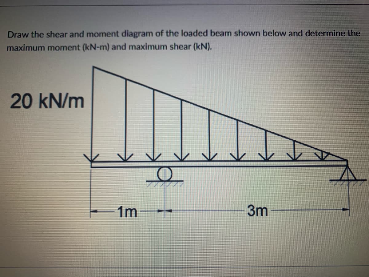 Draw the shear and moment diagram of the loaded beam shown below and determine the
maximum moment (kN-m) and maximum shear (kN).
20 kN/m
1m
3m
