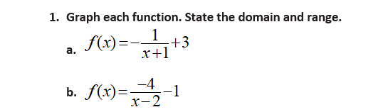 1. Graph each function. State the domain and range.
1
f(x)=-
+3
а.
x+1
b. f(x)=-1
-4
X-2
