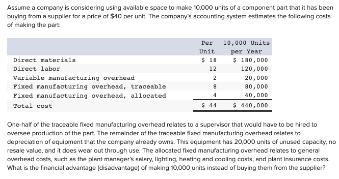 Assume a company is considering using available space to make 10,000 units of a component part that it has been
buying from a supplier for a price of $40 per unit. The company's accounting system estimates the following costs
of making the part:
Per 10,000 Units
Unit
per Year
$ 18
$ 180,000
120,000
Direct materials
Direct labor
12
Variable manufacturing overhead
Fixed manufacturing overhead, traceable
2
20,000
8
80,000
Fixed manufacturing overhead, allocated
4
40,000
$ 44
$ 440,000
Total cost
One-half of the traceable fixed manufacturing overhead relates to a supervisor that would have to be hired to
oversee production of the part. The remainder of the traceable fixed manufacturing overhead relates to
depreciation of equipment that the company already owns. This equipment has 20,000 units of unused capacity, no
resale value, and it does wear out through use. The allocated fixed manufacturing overhead relates to general
overhead costs, such as the plant manager's salary, lighting, heating and cooling costs, and plant insurance costs.
What is the financial advantage (disadvantage) of making 10,000 units instead of buying them from the supplier?
