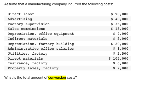 Assume that a manufacturing company incurred the following costs:
$ 90,000
$ 40,000
$ 35,000
$ 15,000
$ 4,000
$ 5,000
$ 20,000
$ 1,000
$ 2,500
$ 105,000
$ 6,000
$ 7,000
Direct labor
Advertising
Factory supervision
Sales commissions
Depreciation, office equipment
Indirect materials
Depreciation, factory building
Administrative office salaries
Utilities, factory
Direct materials
Insurance, factory
Property taxes, factory
What is the total amount of conversion costs?
