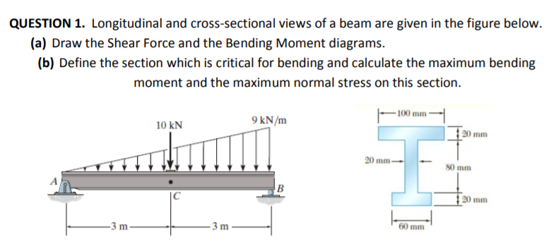 QUESTION 1. Longitudinal and cross-sectional views of a beam are given in the figure below.
(a) Draw the Shear Force and the Bending Moment diagrams.
(b) Define the section which is critical for bending and calculate the maximum bending
moment and the maximum normal stress on this section.
- 100 mm
9 kN/m
10 kN
20 mm
20 mm-
80 mm
20 mm
60 mm
-3 m
3 m
