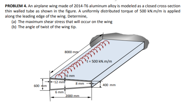 PROBLEM 4. An airplane wing made of 2014-T6 aluminum alloy is modeled as a closed cross-section
thin walled tube as shown in the figure. A uniformly distributed torque of 500 kN.m/m is applied
along the leading edge of the wing. Determine,
(a) The maximum shear stress that will occur on the wing
(b) The angle of twist of the wing tip.
8000 mm
t = 500 kN.m/m
mm
-12 mm
8 mm
600 mm
400 mm
6 mm
2000 mm
