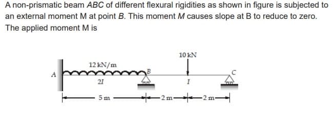 A non-prismatic beam ABC of different flexural rigidities as shown in figure is subjected to
an external moment M at point B. This moment M causes slope at B to reduce to zero.
The applied moment M is
mang
21
5m
12 kN/m
2 m
10 kN
I
+
2 m