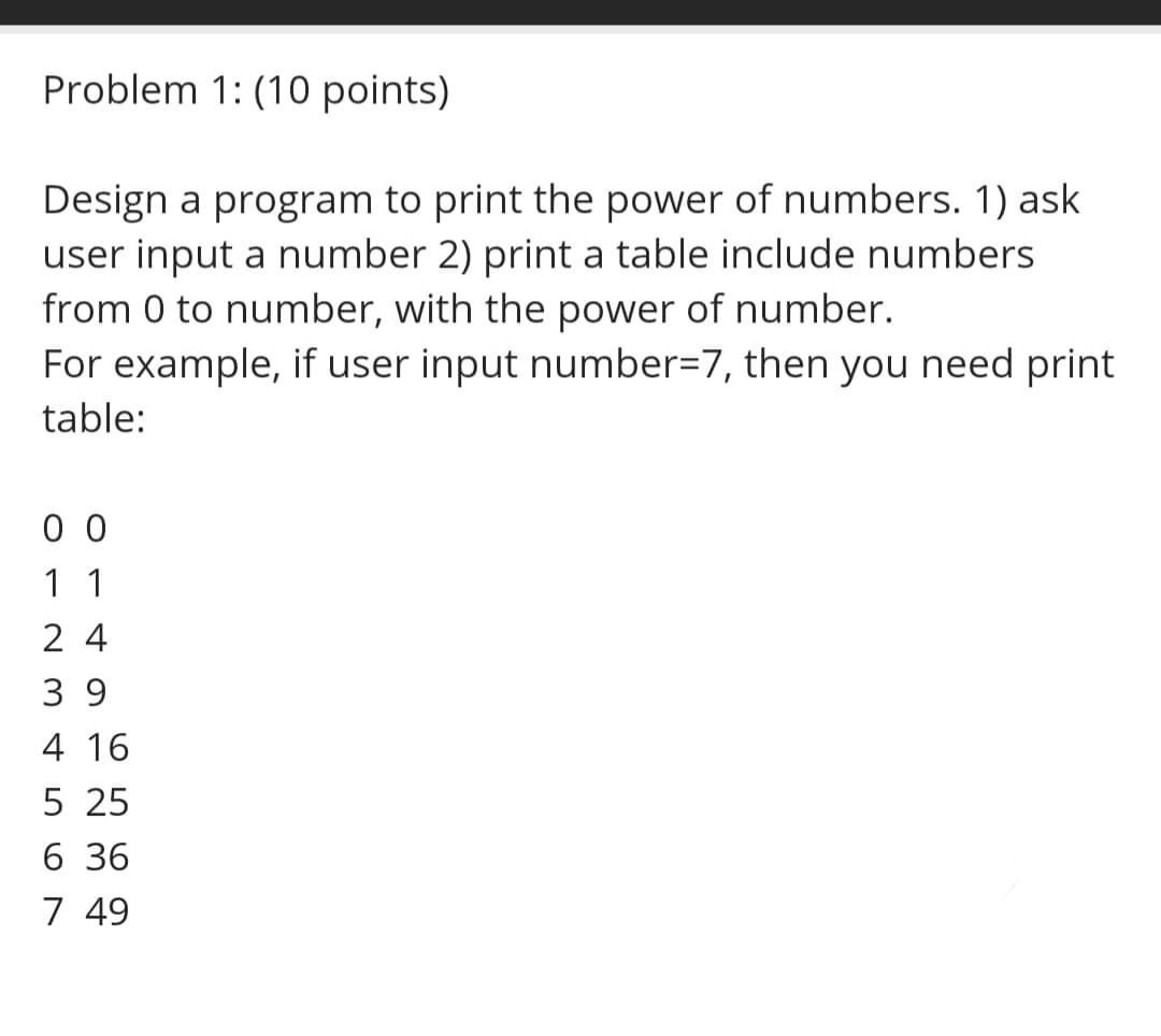 Design a program to print the power of numbers. 1) ask
user input a number 2) print a table include numbers
from 0 to number, with the power of number.
