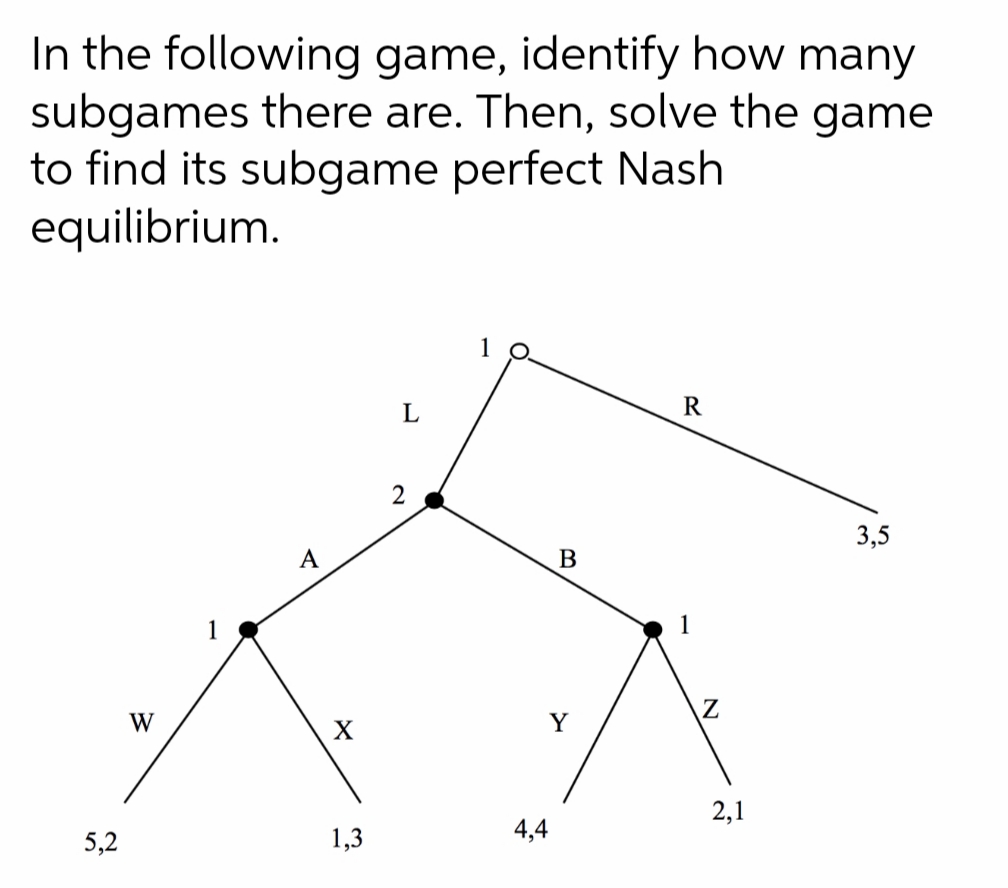 In the following game, identify how many
subgames there are. Then, solve the game
to find its subgame perfect Nash
equilibrium.
L
R
2
3,5
A
B
1
Z
W
X
Y
2,1
5,2
1,3
4,4
