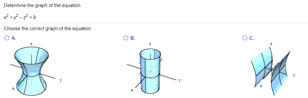 Determine the graph of the equation.
x? + y? - z² = 9
Choose the correct graph of the equation.
OA.
O B.
OC.
z
y
