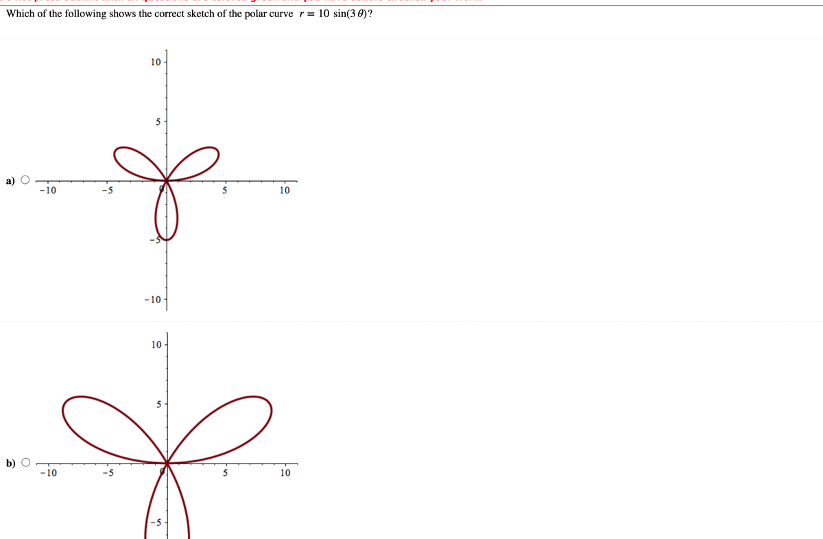 Which of the following shows the correct sketch of the polar curve r =
10 sin(3 0)?
10
5 -
-10
-5
5
10
-10
10
b) O
-10
-5
5
10
-5
