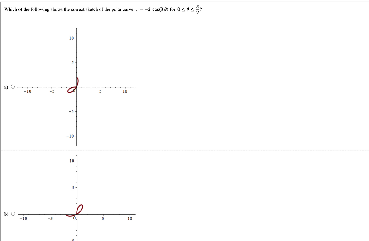 Which of the following shows the correct sketch of the polar curve r = -2 cos(3 0) for 0 <0<
:?
10
5
-10
-5
5
10
-5
-10
10
5
b)
-10
-5
5
10
