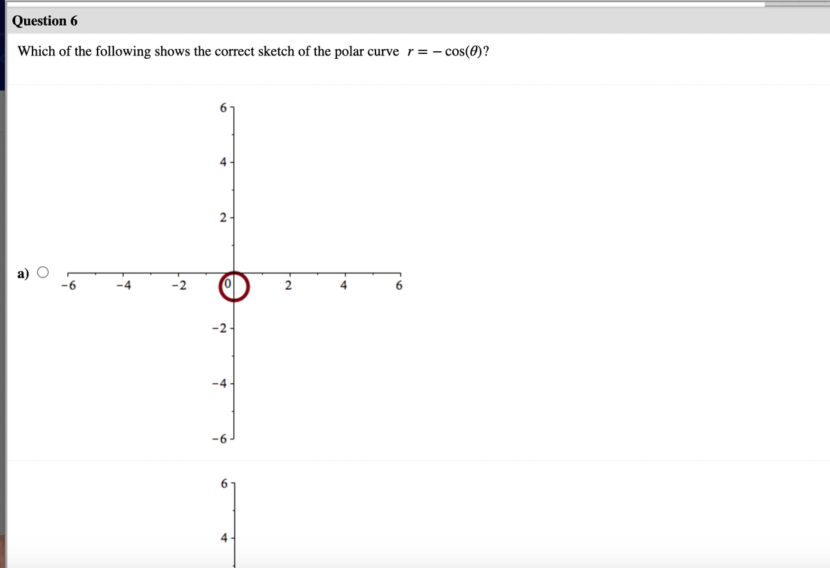 Question 6
Which of the following shows the correct sketch of the polar curve r =
- cos(0)?
-6
-4
-2
2
6.
-2-
-4
4
4.
4.
2.
