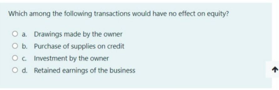 Which among the following transactions would have no effect on equity?
O a. Drawings made by the owner
O b. Purchase of supplies on credit
O c. Investment by the owner
O d. Retained earnings of the business
