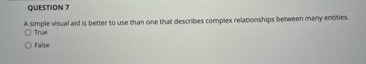 QUESTION 7
A simple visual aid is better to use than one that describes complex relationships between many entities.
O True
O False