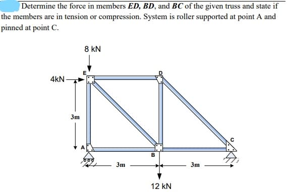 Determine the force in members ED, BD, and BC of the given truss and state if
the members are in tension or compression. System is roller supported at point A and
pinned at point C.
8 kN
4kN
3m
3m
3m
12 kN
