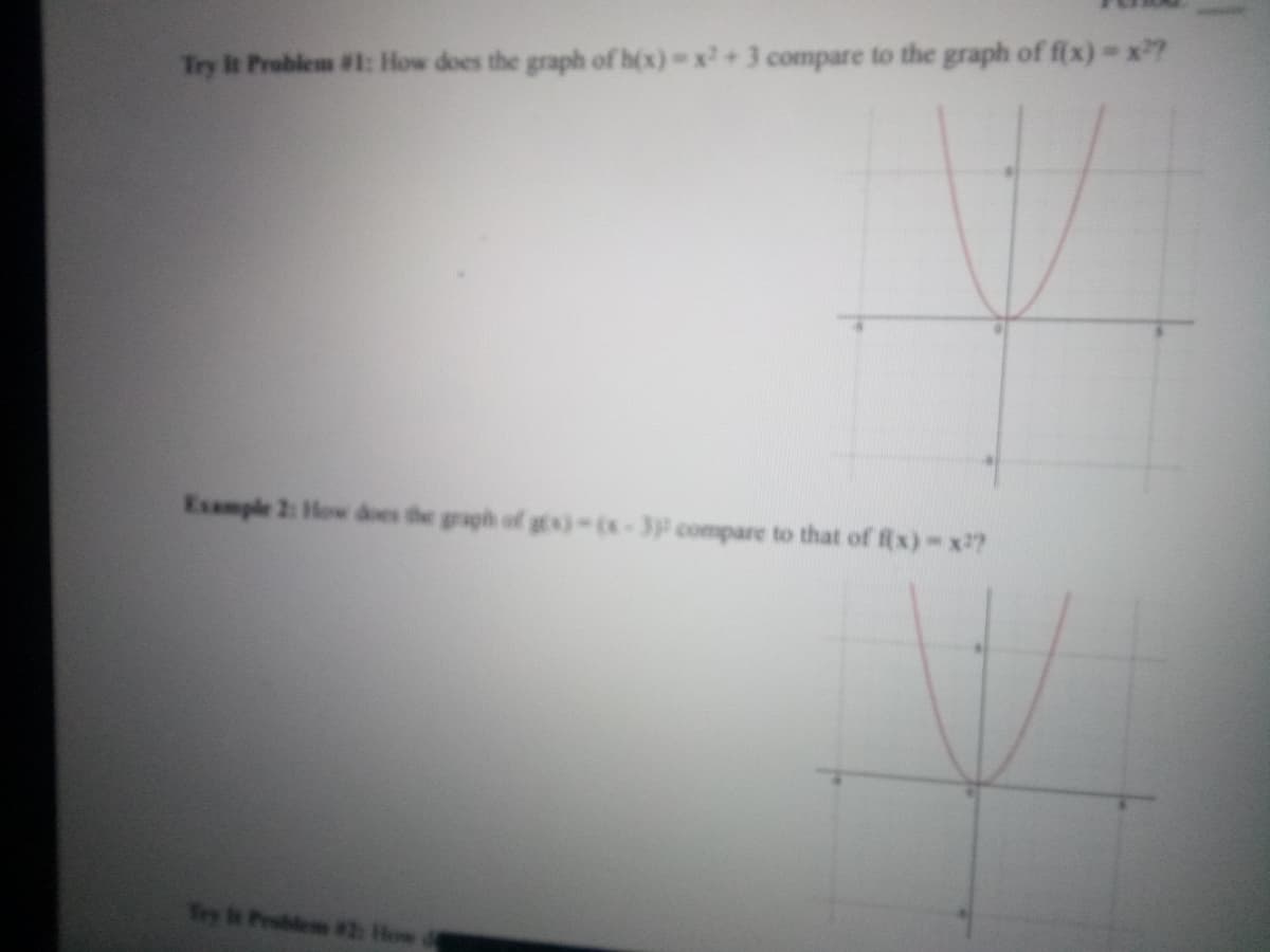 Try It Problem #1: How does the graph of h(x) x+3 compare to the graph of f(x) x?
Example 2: How does the graph of gtx)-(x-3P compare to that of fx) -x?
Try Problem #2 How
