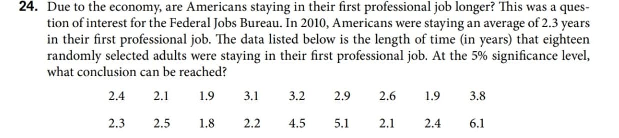Due to the economy, are Americans staying in their first professional job longer? This was a ques-
tion of interest for the Federal Jobs Bureau. In 2010, Americans were staying an average of 2.3 years
in their first professional job. The data listed below is the length of time (in years) that eighteen
randomly selected adults were staying in their first professional job. At the 5% significance level,
what conclusion can be reached?
