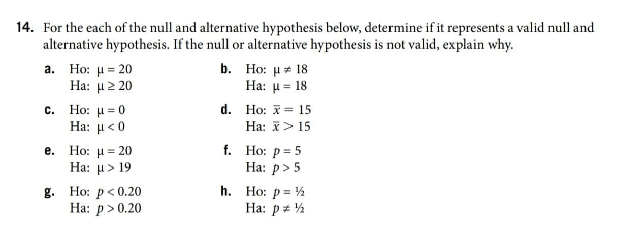 14. For the each of the null and alternative hypothesis below, determine if it represents a valid null and
alternative hypothesis. If the null or alternative hypothesis is not valid, explain why.
Ho: μ-20
Ha: u2 20
a.
b. Ho: µ + 18
На: и 3
= 18
Ho: µ = 0
Ha: µ<0
С.
d. Ho: x = 15
Ha: x> 15
Ho: μ= 20
Ha: μ>19
f. Ho: p = 5
Ha: p> 5
е.
Ho: p< 0.20
На: р> 0.20
h. Ho: p= ½
Ha: p# ½
g.
%3D
