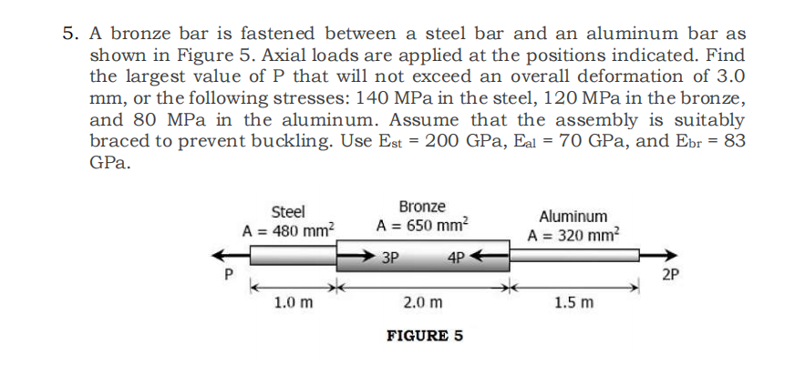 5. A bronze bar is fastened between a steel bar and an aluminum bar as
shown in Figure 5. Axial loads are applied at the positions indicated. Find
the largest value of P that will not exceed an overall deformation of 3.0
mm, or the following stresses: 140 MPa in the steel, 120 MPa in the bronze,
and 80 MPa in the aluminum. Assume that the assembly is suitably
braced to prevent buckling. Use Est = 200 GPa, Eal = 70 GPa, and Ebr = 83
GPa.
Steel
A = 480 mm²
1.0 m
Bronze
A = 650 mm²
3P
4P
2.0 m
FIGURE 5
Aluminum
A = 320 mm²
1.5 m
2P