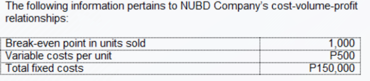 The following information pertains to NUBD Company's cost-volume-profit
relationships:
Break-even point in units sold
Variable costs per unit
Total fixed costs
1,000
P500
P150,000
