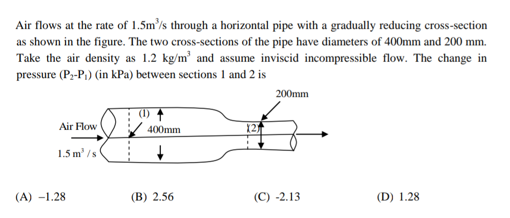 Air flows at the rate of 1.5m/s through a horizontal pipe with a gradually reducing cross-section
as shown in the figure. The two cross-sections of the pipe have diameters of 400mm and 200 mm.
Take the air density as 1.2 kg/m³ and assume inviscid incompressible flow. The change in
pressure (P2-Pj) (in kPa) between sections 1 and 2 is
200mm
! (1) ↑
Air Flow
400mm
(2)
1.5 m³ /s
(A) –1.28
(B) 2.56
(C) -2.13
(D) 1.28
