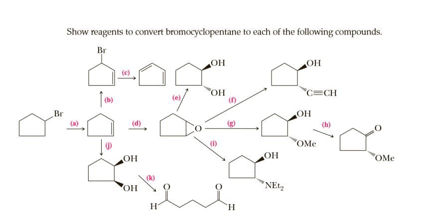 Show reagents to convert bromocyclopentane to each of the following compounds.
Br
OH
OH
(c)
ОН
(f)
C=CH
(b)
Br
OH
(a)
(d)
(i)
OMe
OH
OH
"OMe
(k)
HO
H
`H.

