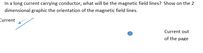 In a long current carrying conductor, what will be the magnetic field lines? Show on the 2
dimensional graphic the orientation of the magnetic field lines.
Current
Current out
of the page
