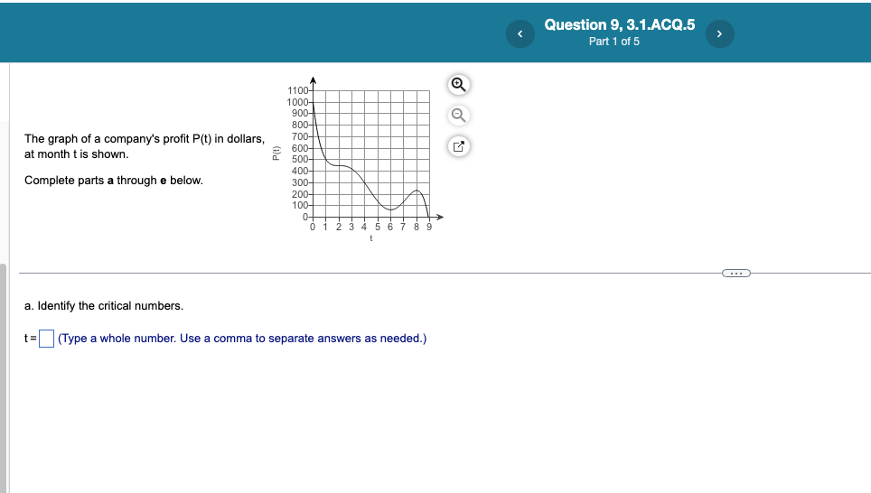 The graph of a company's profit P(t) in dollars,
at month t is shown.
Complete parts a through e below.
1100-
1000-
900-
800-
700-
€ 600-
500+
400-
300-
200-
100-
0-
0 1 2 3 4 5 6 7 8 9
t
a. Identify the critical numbers.
t =
(Type a whole number. Use a comma to separate answers as needed.)
Q
Q
Question 9, 3.1.ACQ.5
Part 1 of 5
←